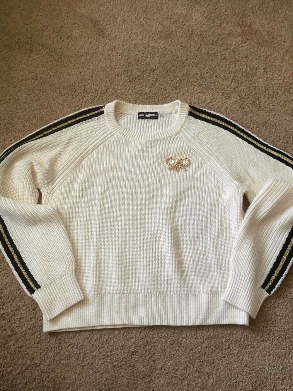 Karl Lagerfeld Paris Merino Wool Ribbed Sweater KL Monogram Bow Pin Cream M